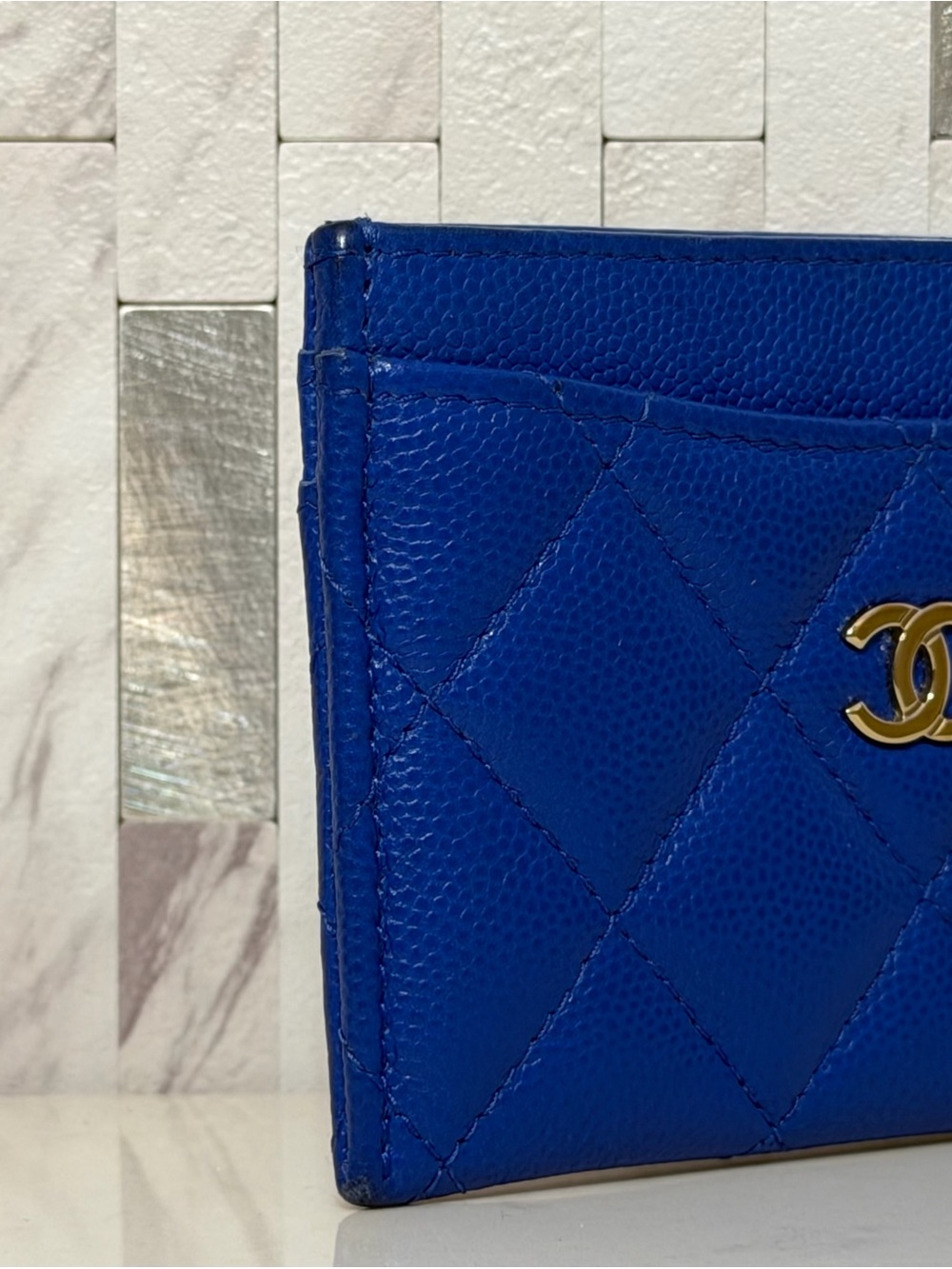 💙*RARE* CHANEL Caviar Quilted Card Holder Wallet in Cobalt Blue - Picture 5 of 15